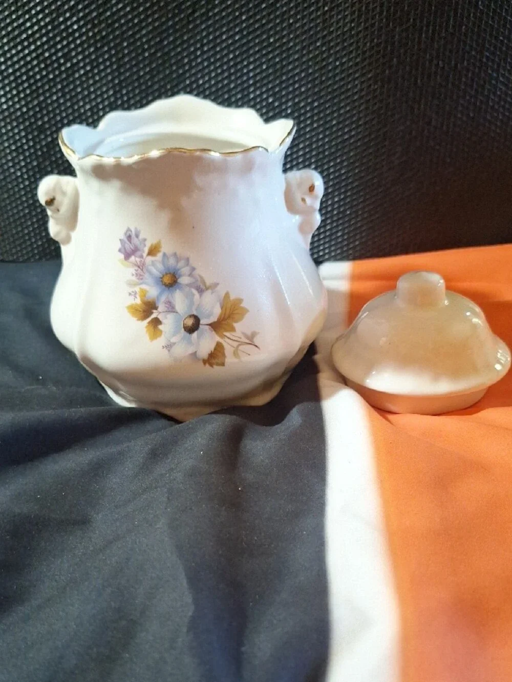 Vintage Biscuit Ceramic Floral Canister with Lid - White & Blue